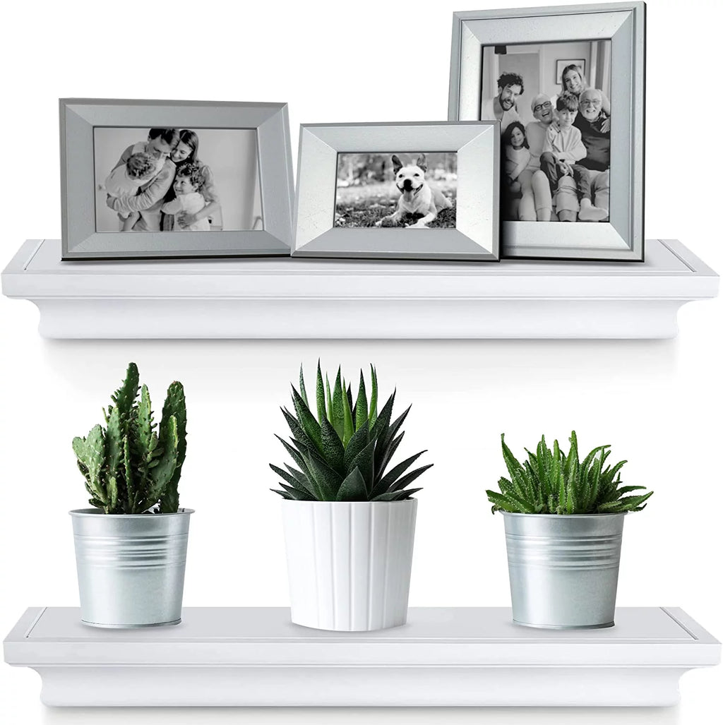 White Wood Floating Wall Shelves Set of 2 U7939
