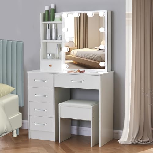 White Makeup Vanity Desk with Lights and Mirror and Drawers V9292