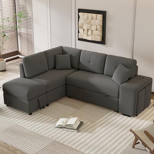 Cream Chenille L Shape Sleeper Sofa with Storage Ottoman and 2 Stools H391340