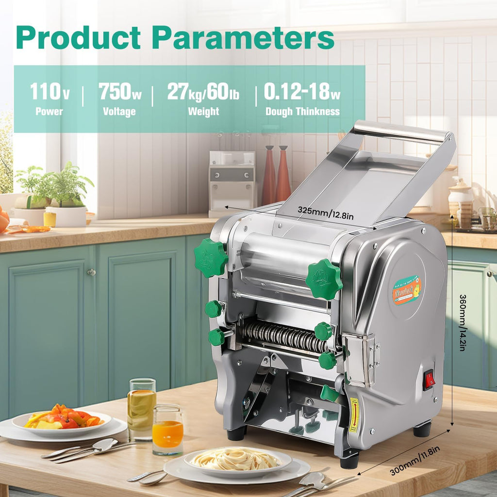 Commercial Electric Pasta Maker 2-in-1 Automatic Noodle Machine Thickness Adjustable 2mm 6mm Noodle Heavy Duty Dough Roller Pressing Machine 750W K5769