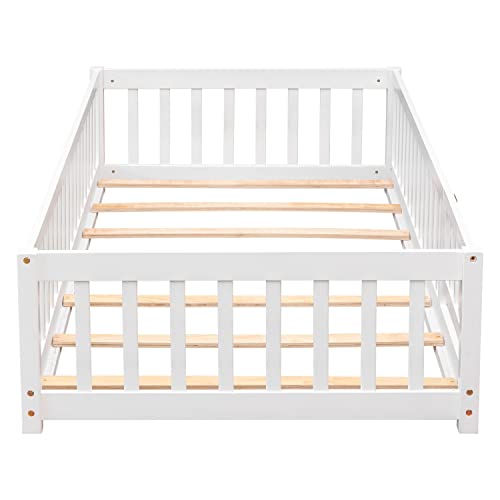 Gray Twin Size Wooden Floor Bed with Safety Guardrails and Slats Y4817