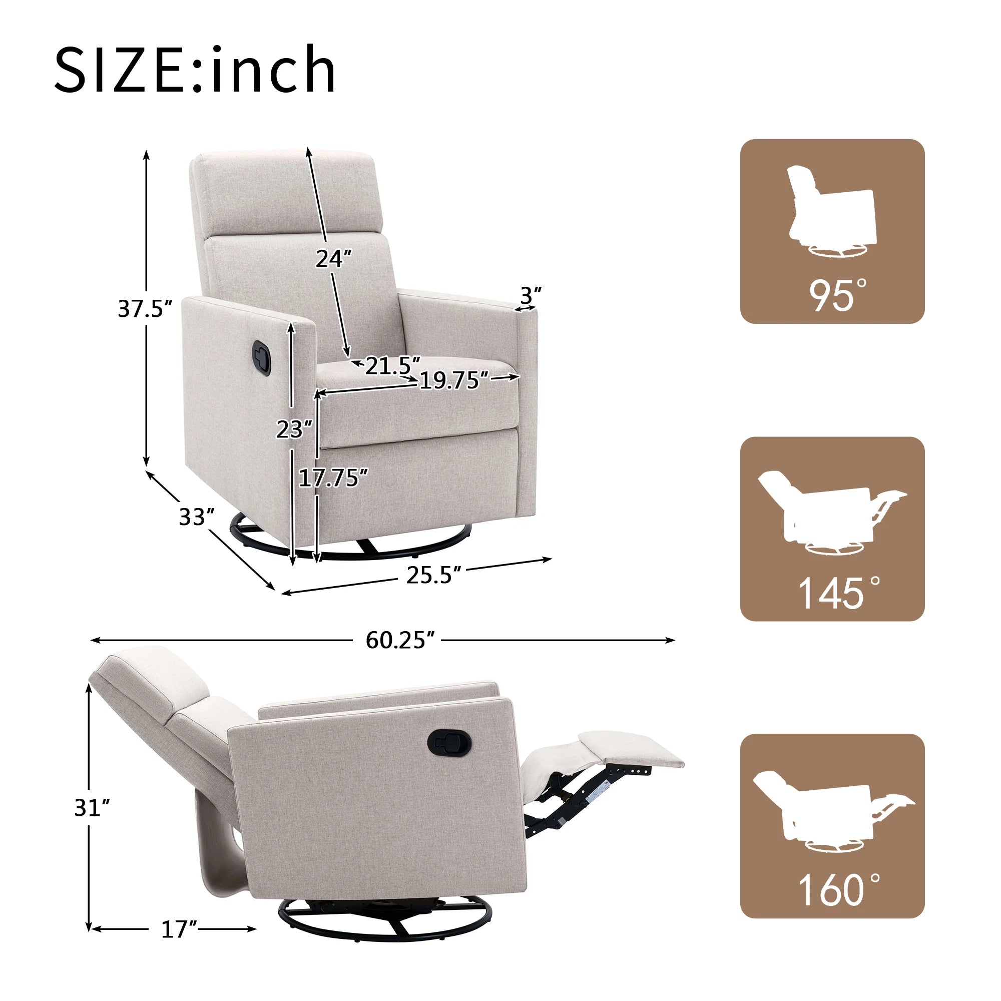 Tan Upholstered Fabric Swivel Rocker Recliner Chair S79977