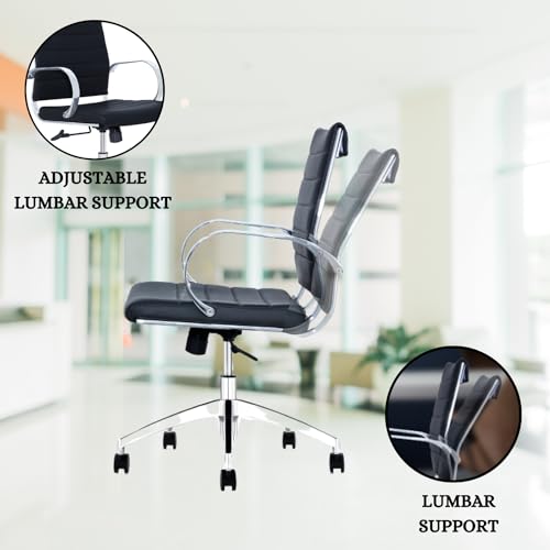 Black Ribbed Mid Back Conference Room Chairs with 360 Swivel Rolling Wheels (Pack of 8) I585