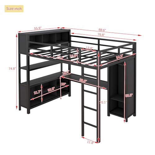 Black Full Size Metal Loft Bed with Wardrobe and L-Shaped Desk I308