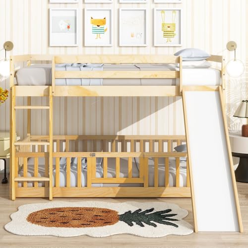 White Twin Over Full Size Pine Wooden Bunk Bed with Slide J22824