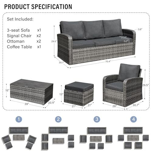 6 Pieces Patio Furniture Sets with Cushions and Coffee Table, Brown Wicker Outdoor Sectional Sofa D291