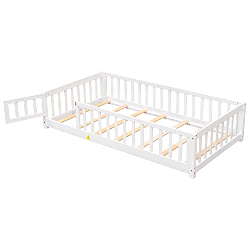 Gray Twin Size Wooden Floor Bed with Safety Guardrails and Slats Y4817