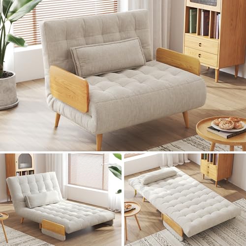 Linen Convertible Chair Bed Sleeper with Wooden Arms Y254714