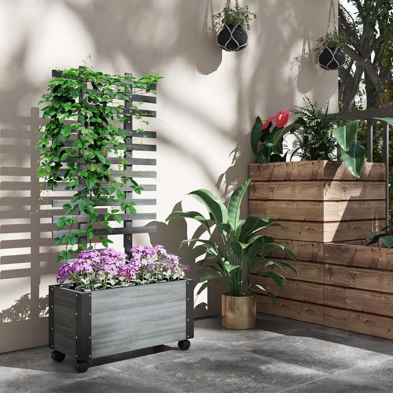 Gray Raised Garden Bed with Trellis Y85136
