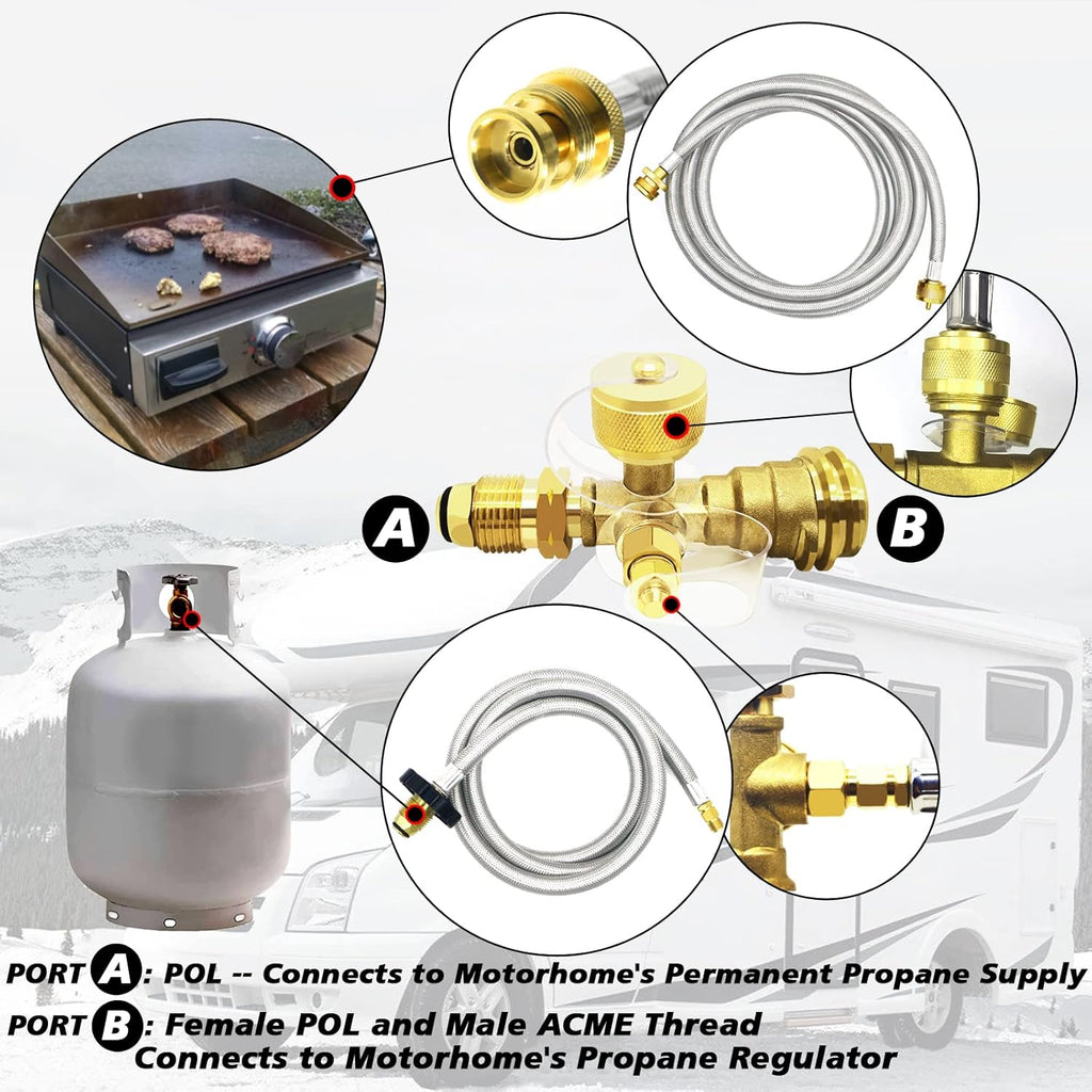 Propane Brass 4 Port Tee Kit with 5FT and 12FT Stainless Braided Hoses S2576