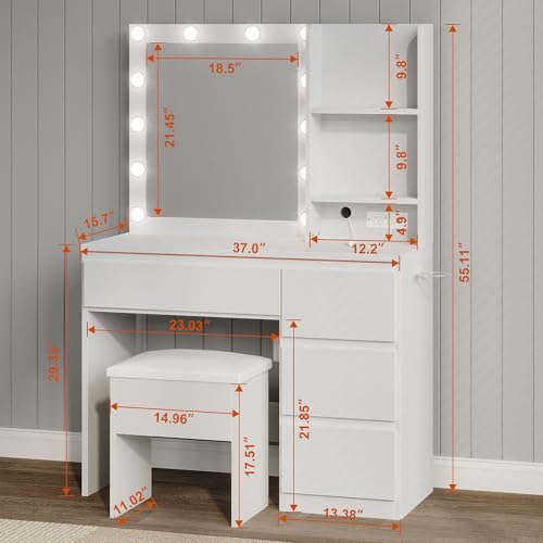 White Vanity Desk with Mirror and 12 LED Lights, 4 Drawers, Padded Stool with Storage L1443