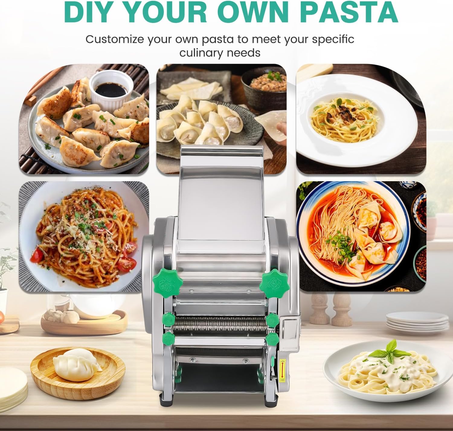 Commercial Electric Pasta Maker 2-in-1 Automatic Noodle Machine Thickness Adjustable 2mm 6mm Noodle Heavy Duty Dough Roller Pressing Machine 750W K5769