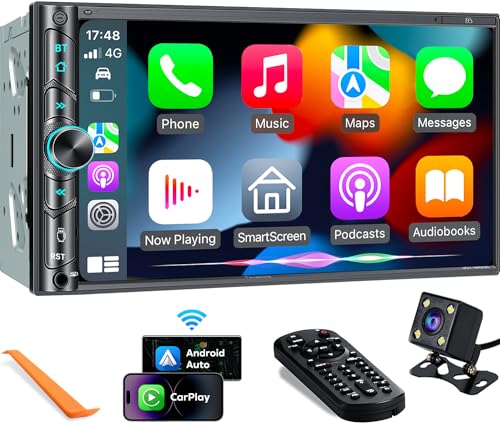 Wireless Double Din Car Stereo with 7" HD Capacitive Touchscreen, Apple Carplay, Android Auto, Backup Camera J24428