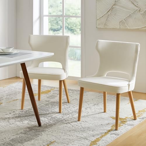 Dining Chairs Set of 4 Upholstered Fabric Side Chair with Wood Legs High Back Ivory M17530