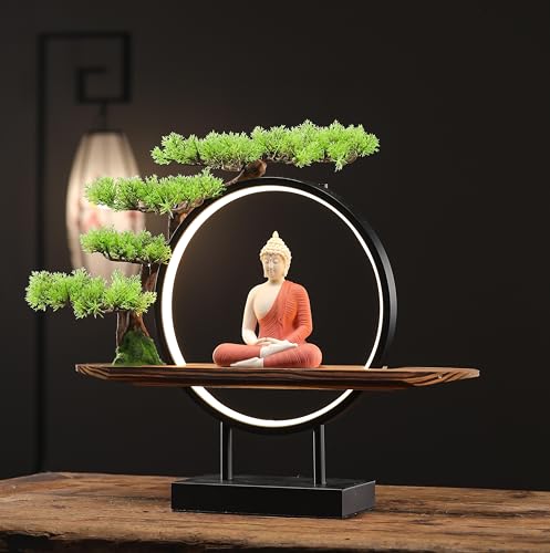 White Ceramic Buddha Statue with Green Artificial Tree and LED Circle Table Lamp, 16.5 in G735756