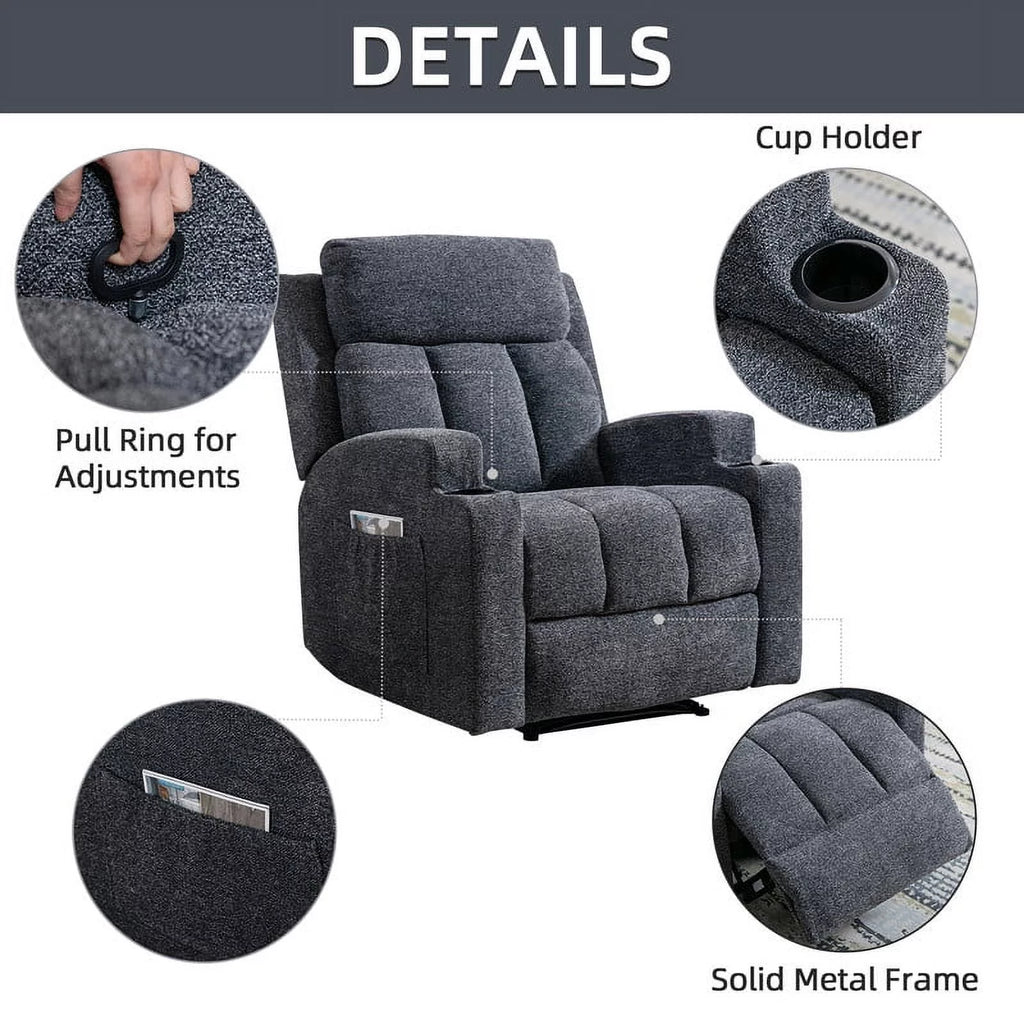 Manual Massage Recliner Chair with Heat, Side Pockets and Cup Holders, Overstuffed Breathable Fabric Reclining Chair, Single Sofa Q27019