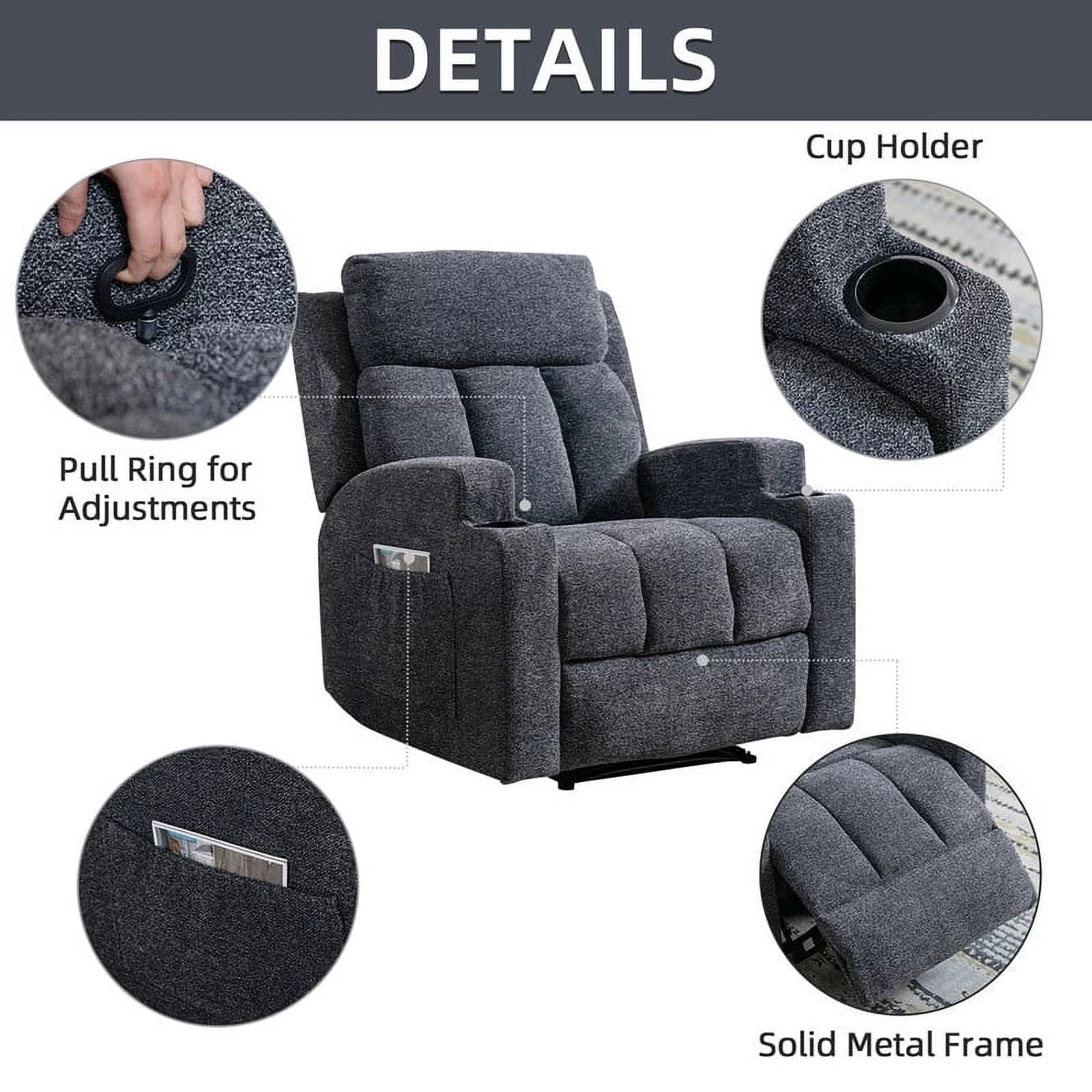 Manual Massage Recliner Chair with Heat, Side Pockets and Cup Holders, Overstuffed Breathable Fabric Reclining Chair, Single Sofa Q27019