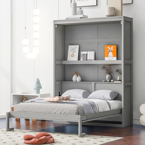 Queen Size White Wood Murphy Bed with Shelves X6139