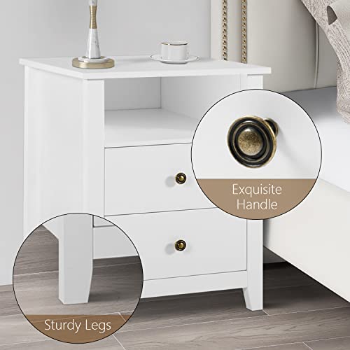 White Nightstands with Drawer Set of 2 Wood Bedside Tables Z32245