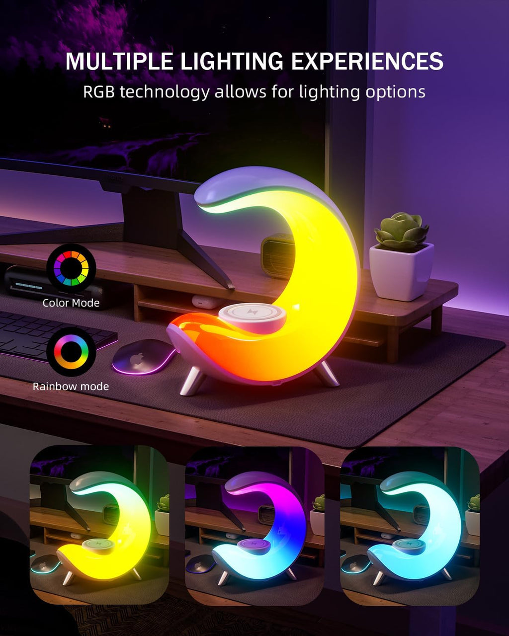 Desk Lamp with Wireless Charger, Bluetooth Speaker Alarm Clock, Color-Changing Ambient Light P53917
