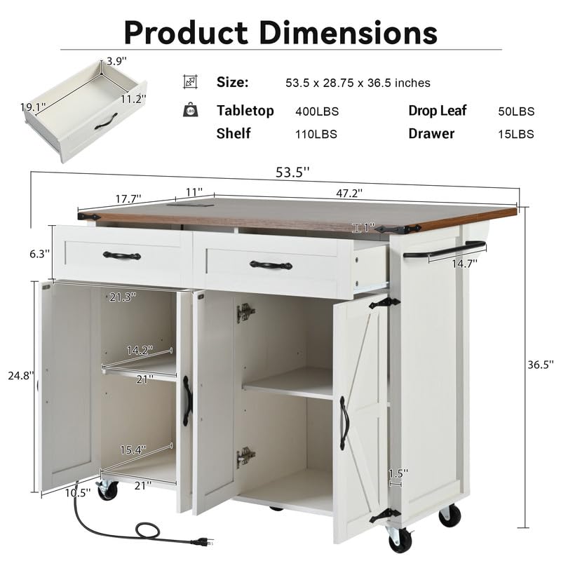 Farmhouse Kitchen Island with Power Outlet, Drop Leaf, Spice Rack and Drawer, Rolling Kitchen Cart on Wheels K736