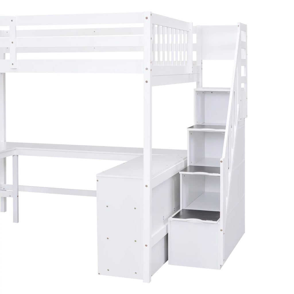 White Wood Full Size Loft Bed with Desk and Storage Staircase L769628