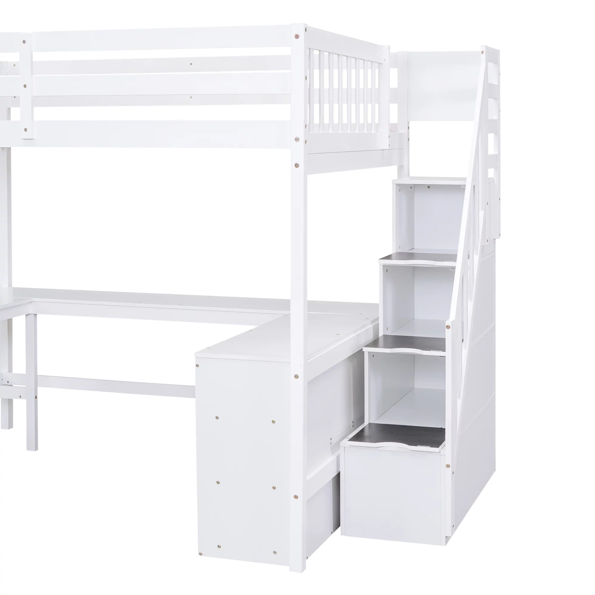 White Wood Full Size Loft Bed with Desk and Storage Staircase L769628