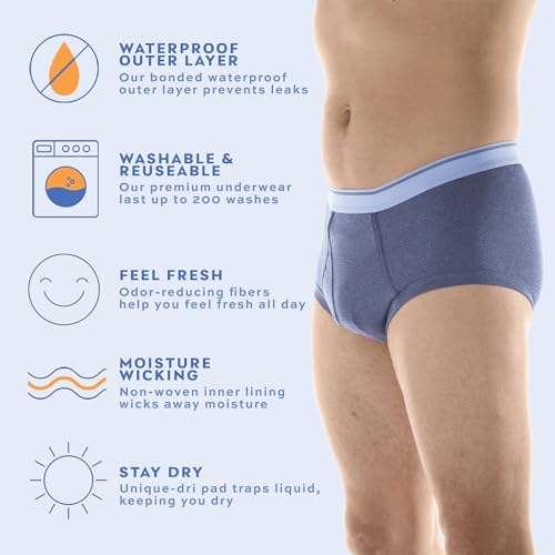 Reusable Washable Men's Incontinence Briefs (Pack of 6) (Gray) (L) (Waist 38-40) N5518