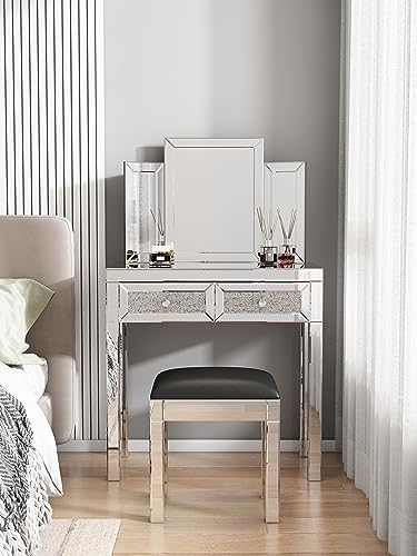 Mirrored Vanity Dressing Table Set with 2 Drawer Storage F126
