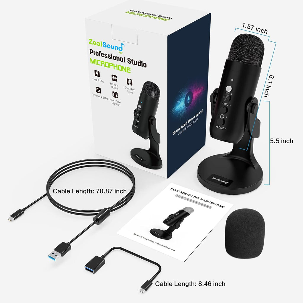 Black USB Condenser Microphone with Headphone Output and Volume Control T778