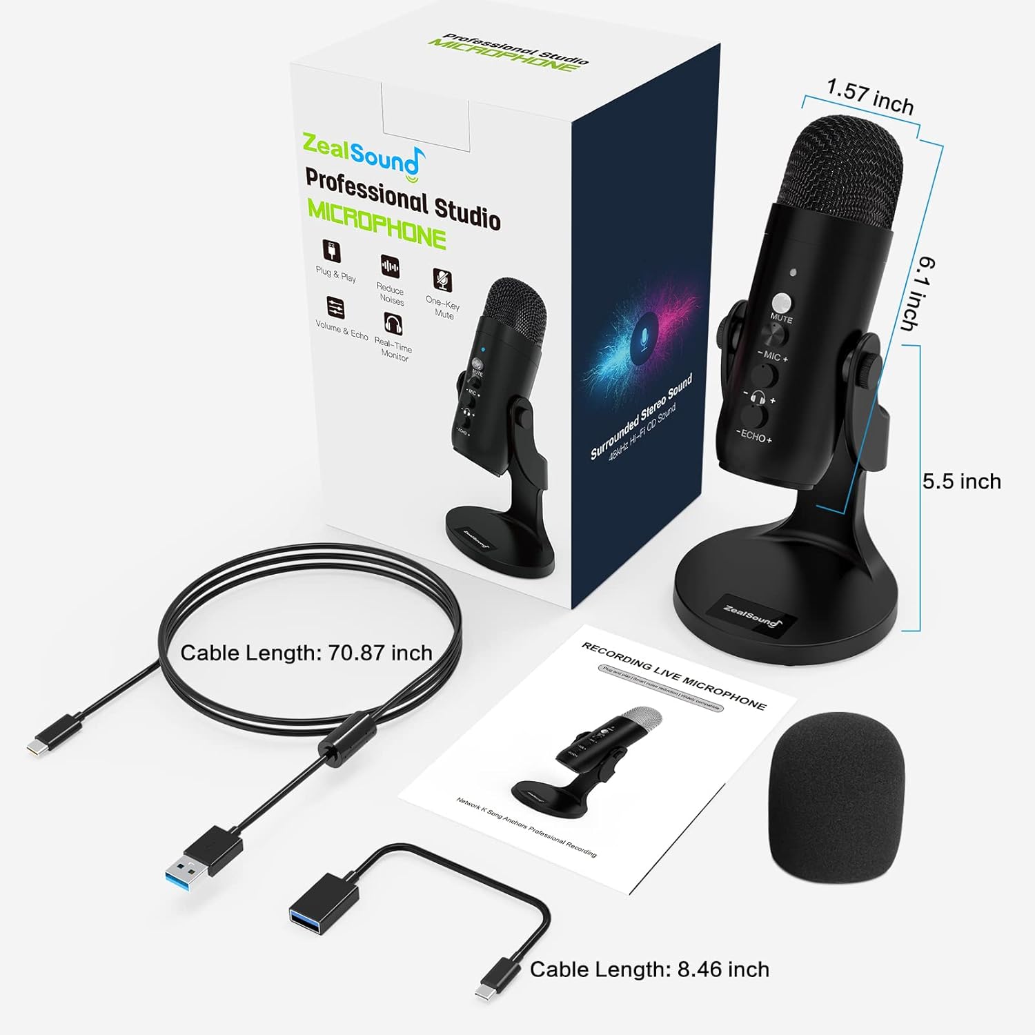 Black USB Condenser Microphone with Headphone Output and Volume Control T778