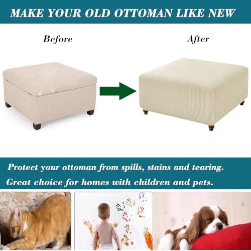 Beige Knitted Jacquard Square Ottoman Cover with Elastic Bottom Y2350