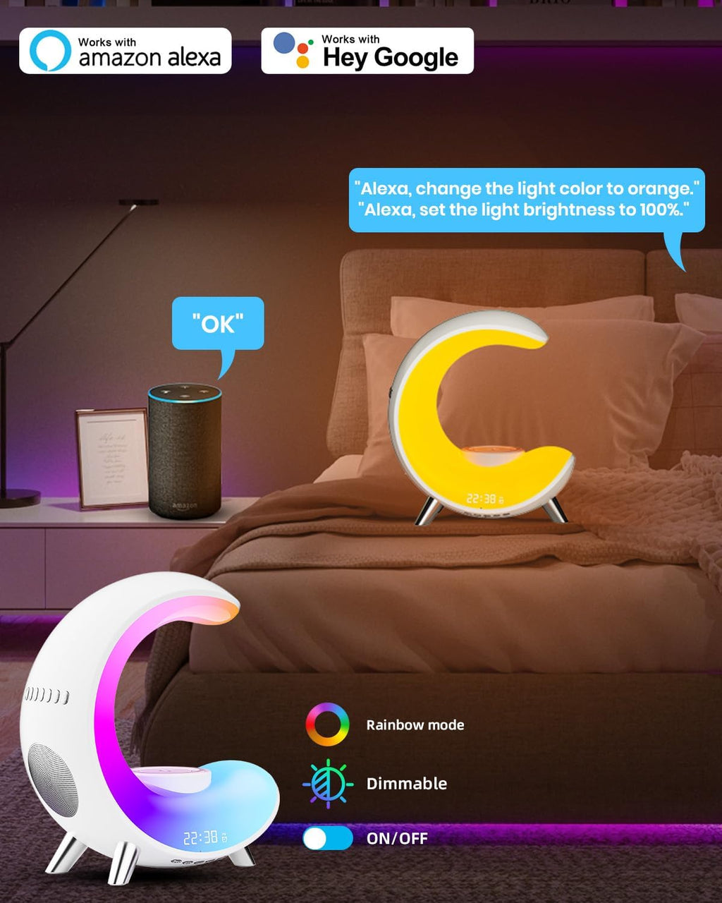 Desk Lamp with Wireless Charger, Bluetooth Speaker Alarm Clock, Color-Changing Ambient Light P53917