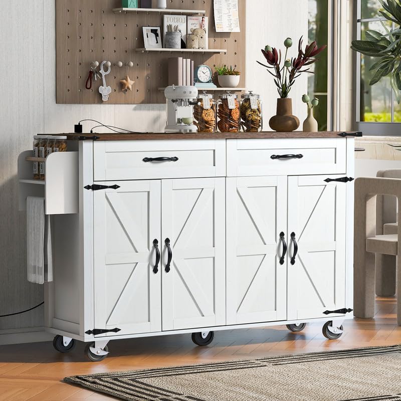 Farmhouse Kitchen Island with Power Outlet, Drop Leaf, Spice Rack and Drawer, Rolling Kitchen Cart on Wheels K736