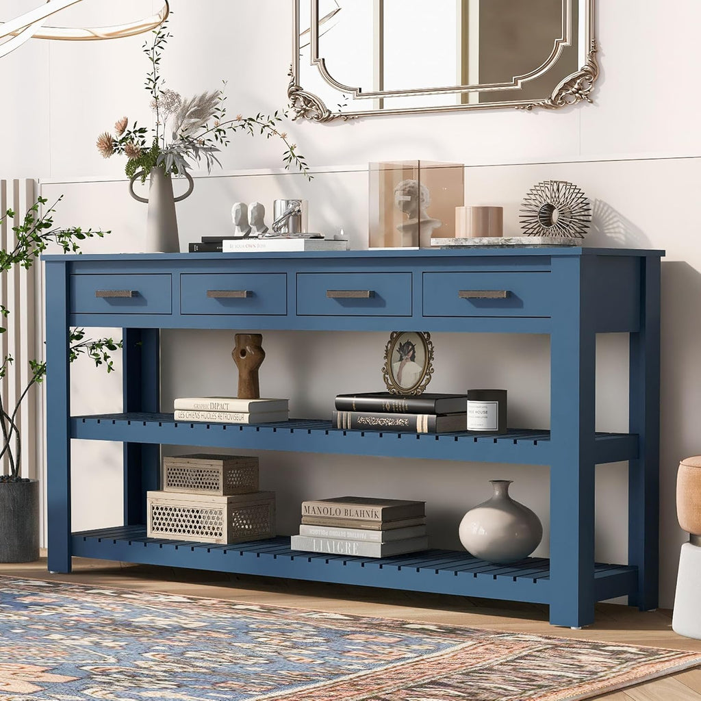 Navy Blue Acacia Wood Console Table with 4 Drawers and 2 Shelves E9300