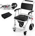 Foldable Shower Chair with Arms, Lockable Casters, Detachable Bucket T3459
