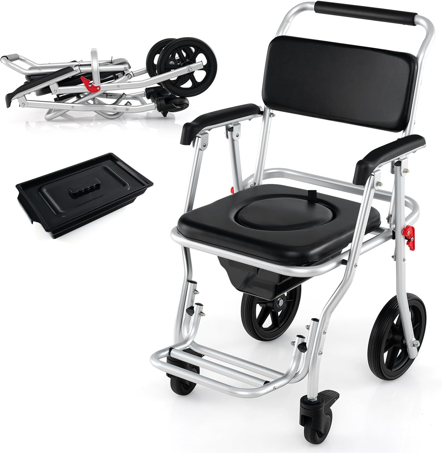 Foldable Shower Chair with Arms, Lockable Casters, Detachable Bucket T3459