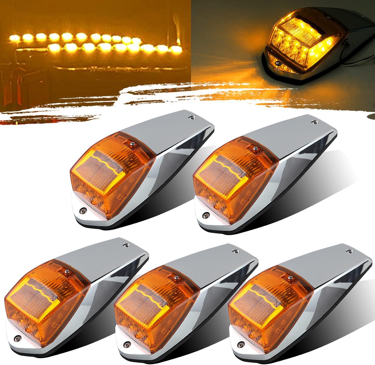 5Pcs 17 LED Amber Cab Roof Top Marker Clearance Running Lights with Chrome Base 12V X589575