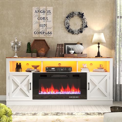 Grey 70 Inch TV Stand with Electric Fireplace and Barn Door Cabinet I6852