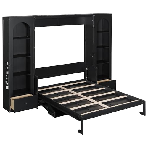 Queen Size Murphy Bed with Desk, 2 Sides Storage Cabinets, Shelf, Black Y529