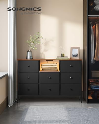 Fabric Dresser with Power Outlets and LED Lights, 8 Drawers, Ink Black and Rustic Brown C659945