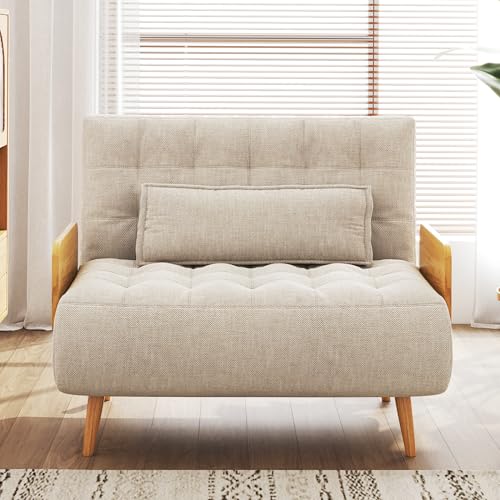 Linen Convertible Chair Bed Sleeper with Wooden Arms Y254714