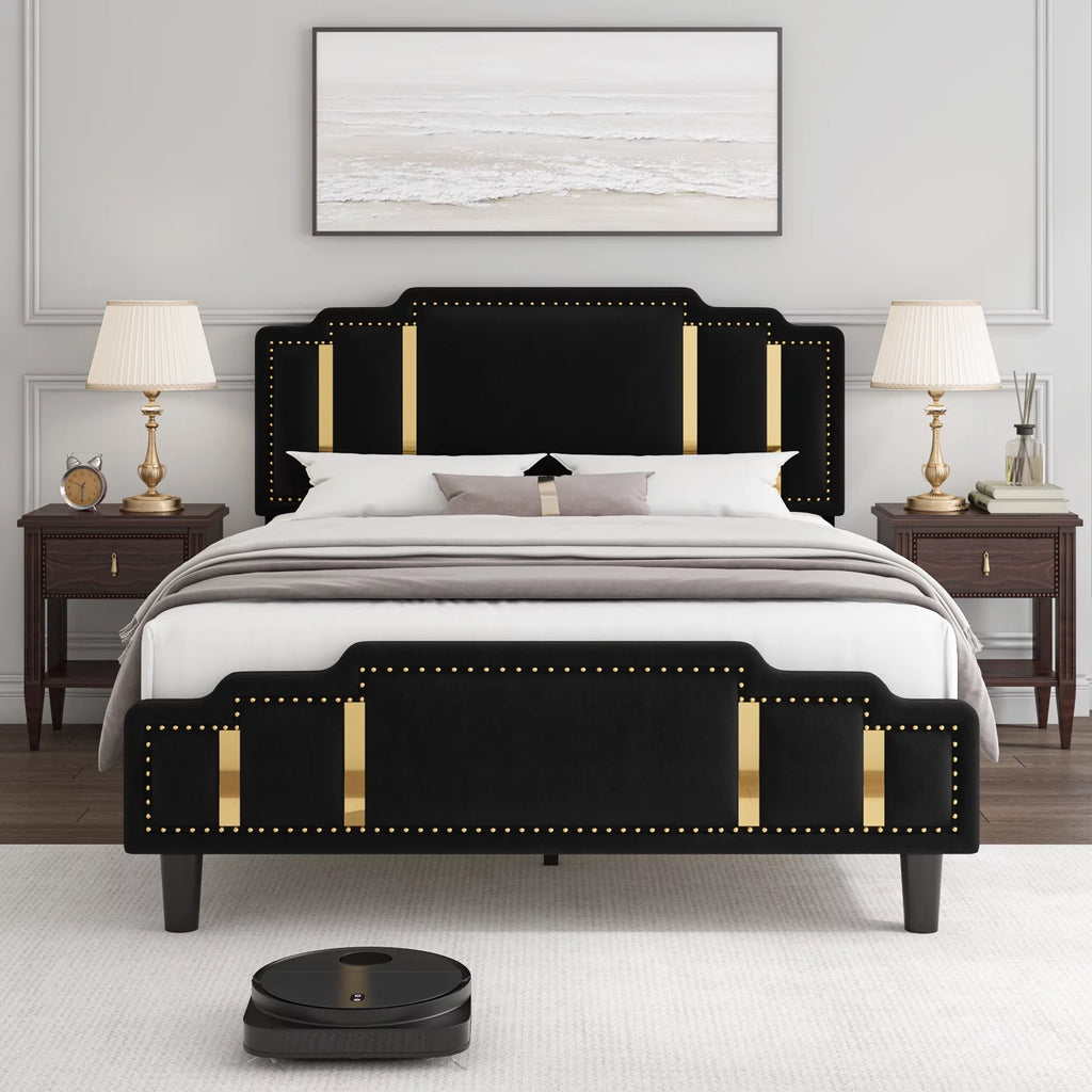 Black Velvet Queen Bed Frame with Adjustable Headboard F232