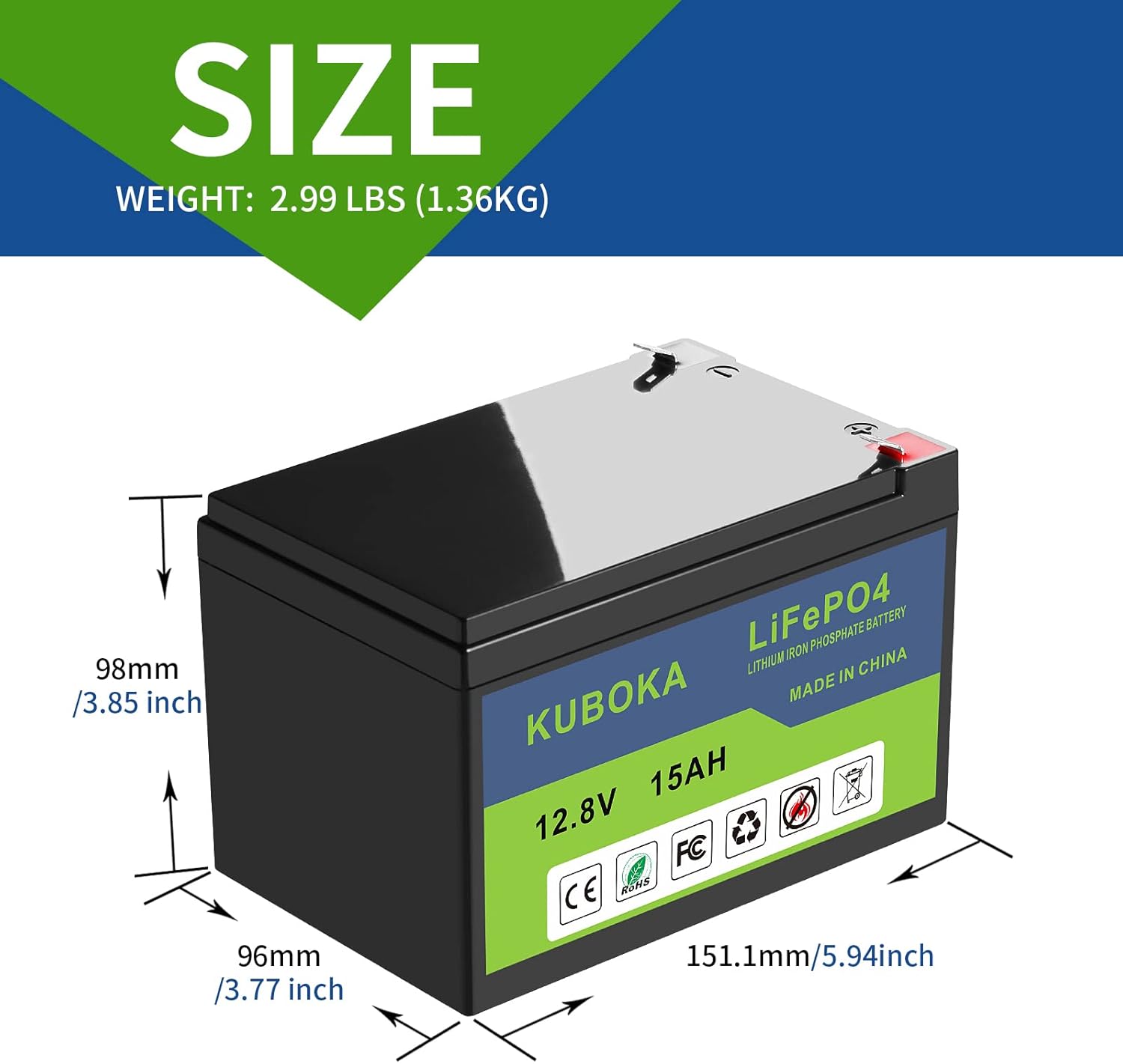 12V 15Ah Lithium-ion Rechargeable Battery Deep Cycle Pack of 2 W14251