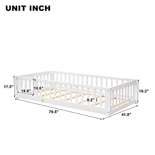 Gray Twin Size Wooden Floor Bed with Safety Guardrails and Slats Y4817