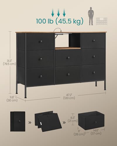 Fabric Dresser with Power Outlets and LED Lights, 8 Drawers, Ink Black and Rustic Brown C659945