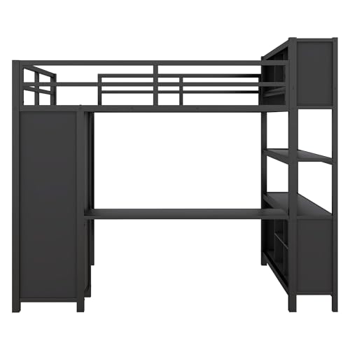 Black Full Size Metal Loft Bed with Wardrobe and L-Shaped Desk I308