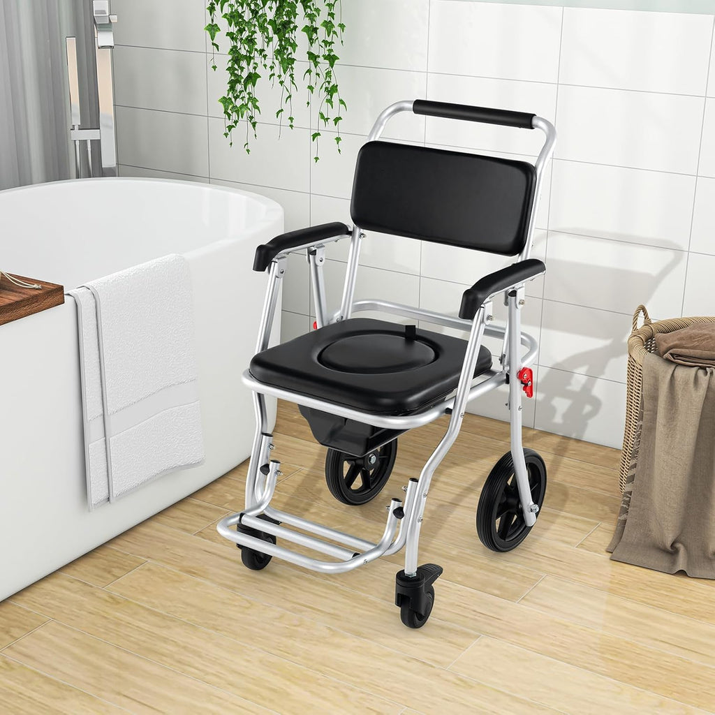 Foldable Shower Chair with Arms, Lockable Casters, Detachable Bucket T3459