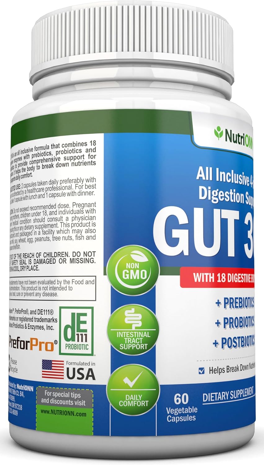 Probiotics, Prebiotics & Postbiotics with 18 Digestive Enzymes - 4-in-1 Complete Gut & Digestive Support Supplement - Non GMO - Vegan T86276