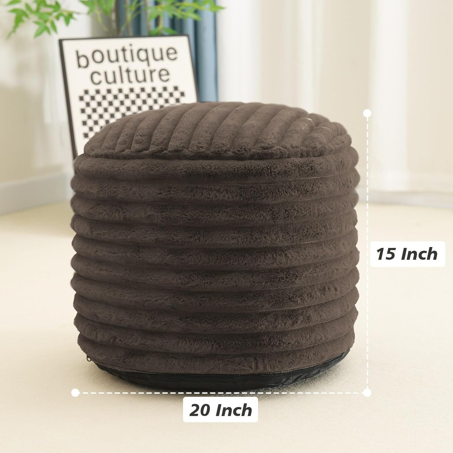 Brown Faux Fur Pouf Ottoman 20 x 15 Inch D992